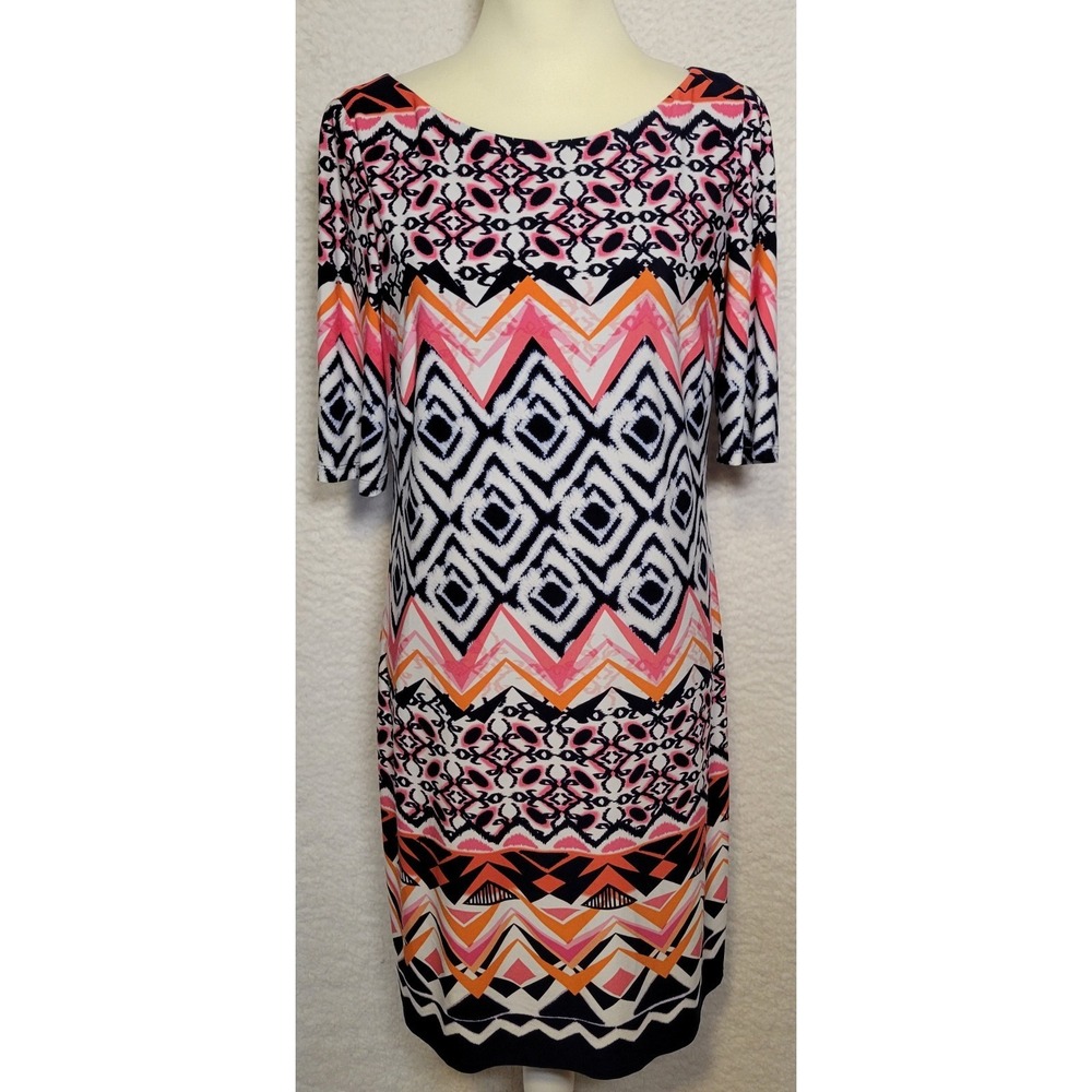 Vince Camuto Womens Sheath Dress Size 10 Geometric Short Sleeve Knee Length 1670